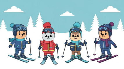 Four cartoon animals in ski gear dressed for winter sports and ready to ski down a snowy slope flat vector illustration for childrens content