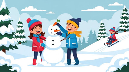 Children building a snowman together in a snowy winter landscape with a girl sledding in the background perfect for holiday and seasonal themes