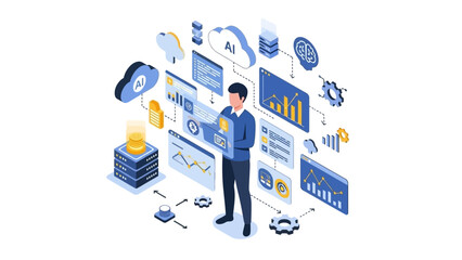 Man surrounded by digital data and graphs.