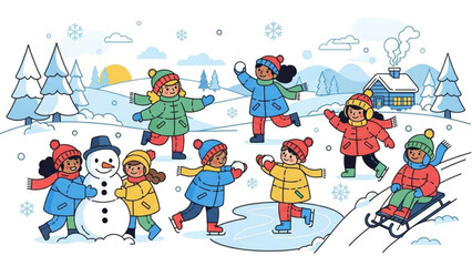 Children playing in the snow building a snowman and sledding down a hill winter outdoor activity illustration for holiday concepts