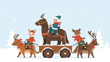 Christmas scene with a child riding a horse pulling a sleigh with reindeer and festive characters winter holiday illustration for greeting cards and decorations