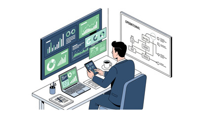 Man Working on Computer with Multiple Screens.