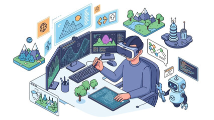 Man Working on Computer with Virtual Reality Headset.