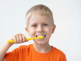 Cute little boy in orange shirt brushing teeth with yellow toothbrush on white background