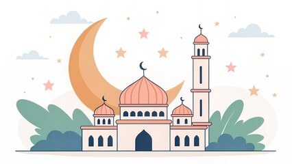 Islamic Mosque with Crescent Moon and Stars Illustration Spiritual Night Sky Religious Architecture Peaceful Faith Cultural Art Design AI Generated
