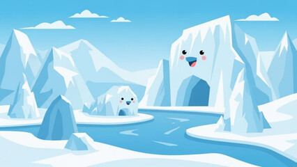 Cute cartoon arctic landscape with icebergs and river playful polar bear cave illustration for childrens book or winter theme © Fiaz