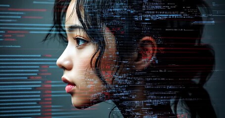 A woman's profile is overlaid with digital code, creating a futuristic and technological atmosphere with a moody, cinematic style. - Powered by Adobe