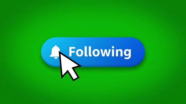 4K animation of a social media Follow button pops onto the screen transitions to Following on green screen background for YouTubers and content creators.