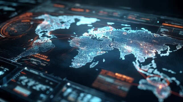 Digital display of a world map in a futuristic interface, illuminated with data streams and glowing indicators - Powered by Adobe