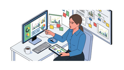 Woman Analyzing Data on Computer and Tablet.