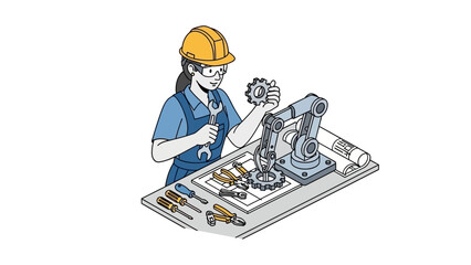Woman Engineer Working on Machine Blueprint.