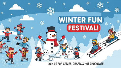 Winter fun festival with kids playing in the snow around a snowman perfect for event promotion and seasonal advertising
