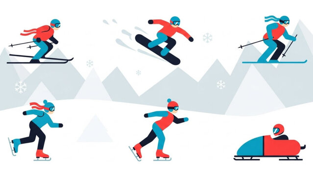 Winter sports icons collection featuring skiing snowboarding ice skating and bobsledding flat vector illustration for seasonal promotions and active lifestyle concepts