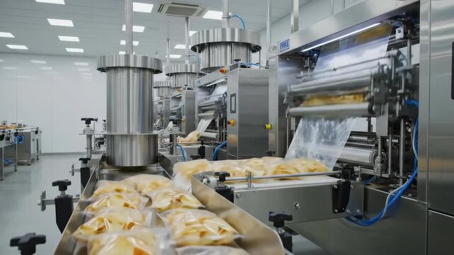 Automated food packaging process showcases continuous flow of sealed bags, camera pans across machinery highlighting efficiency and precision