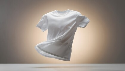 Fototapeta premium Pristine white short-sleeved t-shirt suspended in mid-air, symbolizing lightness, comfort, and versatility for everyday wear