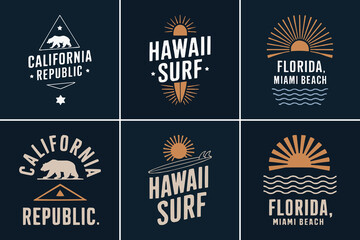 Set of six vintage style emblems featuring California Hawaii and Florida beach surf themes for apparel design © Vectyx