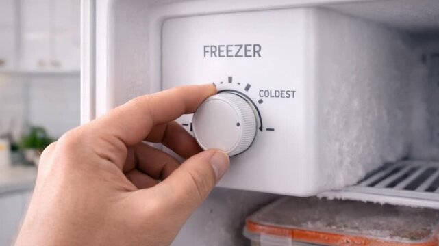 A hand adjusts the freezer thermostat knob to a lower temperature to store food and improve energy efficiency at home while using the kitchen.video