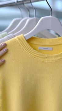 Woman hand slides across yellow knit sweater on clothing rack in boutique, reading size label, smoothing soft fabric, and pulling hanger forward to compare styles before buying in bright store.