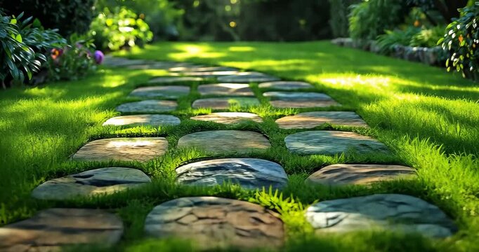 A stone path winds through a lush green garden on a sunny day, creating a peaceful scene.