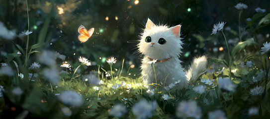 a cute white kitten sits in the flower meadow