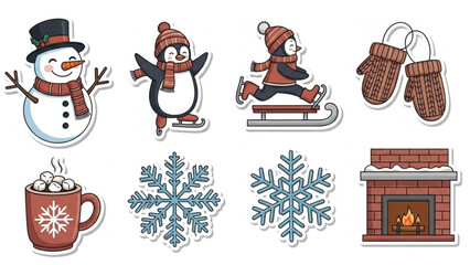 Cute winter holiday icons including a snowman penguins ice skating and sledding mittens hot chocolate snowflakes and a fireplace perfect for festive designs