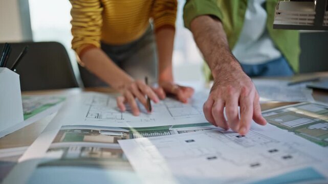 Interior architects reviewing plan building at workplace closeup. African woman