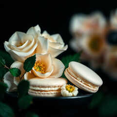 delicate white macarons placed on a dark surface, surrounded by soft pink roses and green leaves