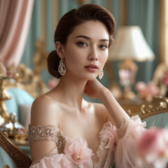 A young Asian woman with long dark hair sits elegantly in a luxurious room