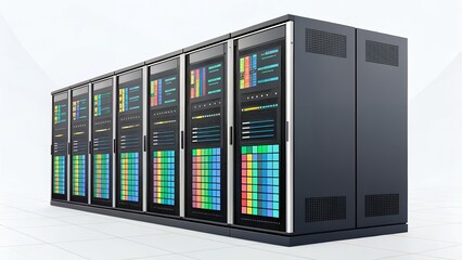 Modern Data Center Server Racks with Active Displays High-Tech Infrastructure Cloud Computing Networking Technology Digital Systems AI Generated