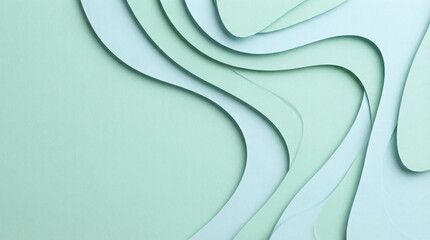 Abstract paper cut-out background with 3D layered wavy shapes in soft mint and pastel blue tones. Modern minimal aesthetic with organic curves and shadows for clean web design.