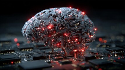 Three-dimensional brain made of circuitry above a dark electronic circuit board with glowing lights