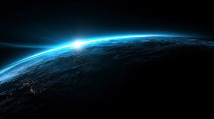 A breathtaking depiction of planet earth from space, with a glowing blue horizon and the sun's radiant light emerging