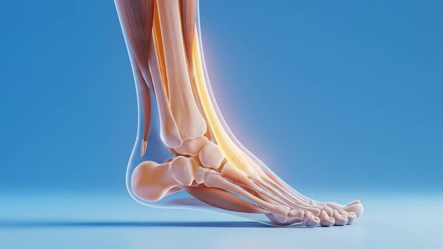 An illustration of a human foot highlighting the Achilles tendon and skeletal structure from a lateral viewpoint