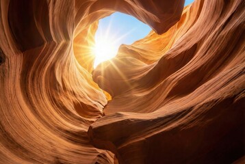 Majestic interior view of abstract sandstone slot canyon with bright sunburst and light beams shining through red rock formation