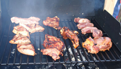 Juicy Barbecue Meat on Grill, Close Up Summer BBQ Party Food Background