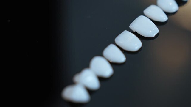 Minimal close-up of porcelain veneers displayed on a clean black background. Modern, premium look highlighting cosmetic dentistry, precision, and dental aesthetics.