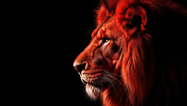 Majestic male lion with a powerful red mane and intense gaze. This predator king animal portrait showcases strength and power in a dark, minimalist setting with dramatic crimson lighting.
