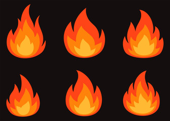 Set of burning bonfires on a dark background. Flat vector illustration.