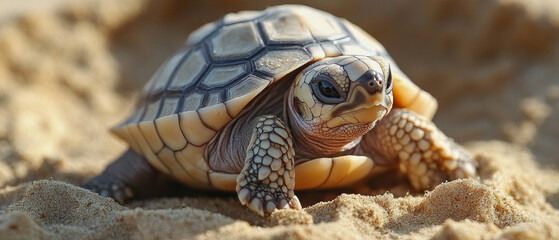 Fototapeta premium A small tortoise crosses the desert sand, emphasising the fragility of life in arid regions — suitable as a background for materials on the conservation of rare animals.