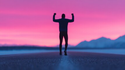 Dynamic end of race male runner silhouette against vibrant sky outdoor competition inspiring viewpoint