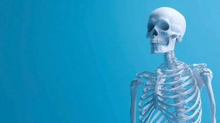 A white anatomical human skeleton model against a solid turquoise background. Shows the skull, ribcage, shoulders, and spine