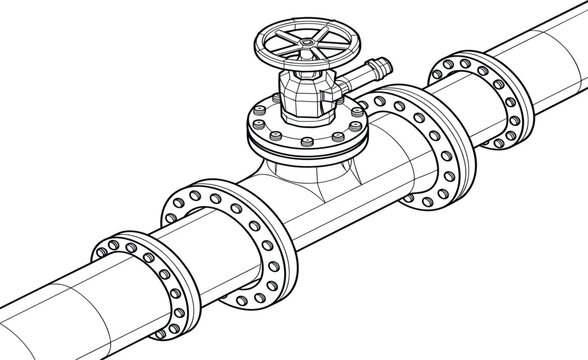 Industrial pipeline valve vector, technical 3D line art of a flanged gate valve on a large pipe for engineering and utilities