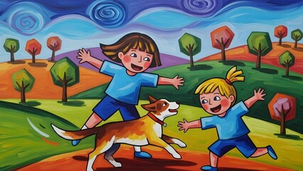 Happy Children Playing With Dog Acrylic Style Illustration