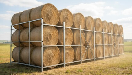 Medium shot of hay bales arranged on elevated metal racks outdoors highlighting air circulation and moisture prevention benefits