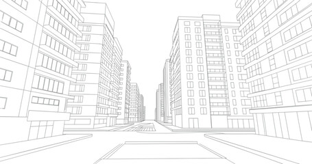City street perspective drawing, urban architecture vector line art of modern apartment buildings and office towers © MdMajnur
