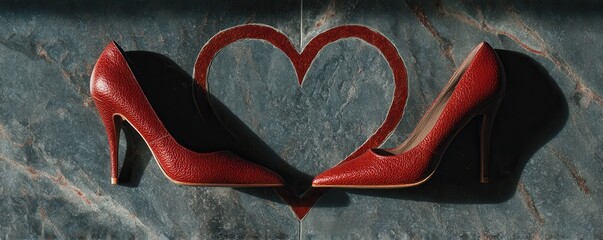 Red high heels arranged in a circle around a heart shape on a gray floor