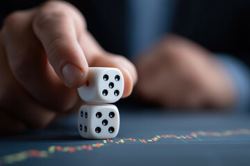 Hand stacking white dice showing multiple dots symbolizing gambling risk and strategic chance.