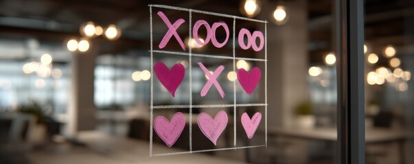 Pink heart tic tac toe on glass wall, a romantic game doodle with soft bokeh lights in the background