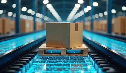 Smart warehouse with cardboard boxes on an automated conveyor system.