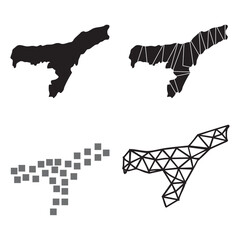 Stylized Assam map vector set in geometric low poly and pixelated styles isolated on white